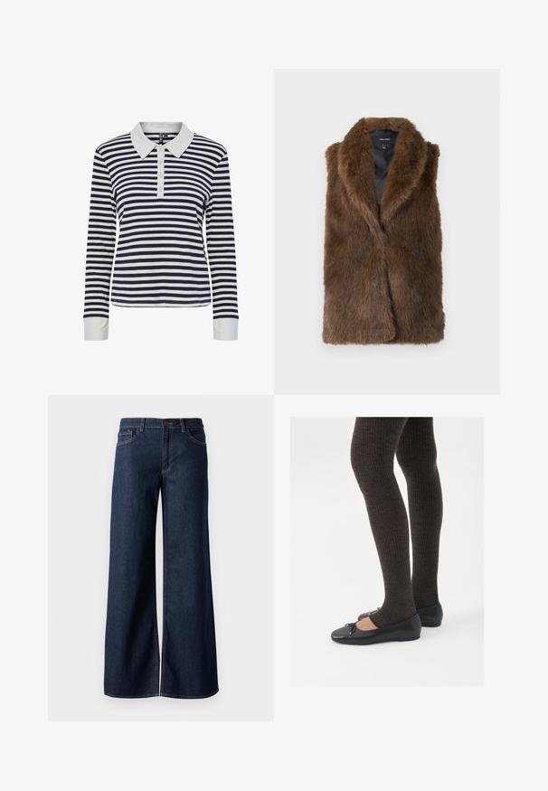 Brun faux fur ärmlös väst med bred krage och svart innerfoder, märkt Vero Moda, uppvisad liggande på vit bakgrund.; Randig långärmad polo t-shirt i marinblå och vit, med en kontrasterande vit krage, knappslå och ribbad textur.; Breda jeans i mörkblå denim. Har kontrastsömmar, fem fickor och en knappstängning vid midjan. Slät textur.; Svarta platta skor med en liten rosett vid tån, i kombination med mörkbruna ribbade strumpbyxor. Skorna har en slät yta och låg profil.