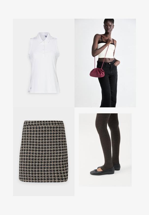 Brown faux fur sleeveless vest with wide collar and black inner lining, labeled Vero Moda, displayed flat on white background.; Sleeveless white polo shirt made of smooth fabric, featuring a collar, five-button placket, and subtle side slits with a small logo detail at the hem.; Black long-sleeve women's blouse with a pointed collar, hidden front buttons, fitted waist, and flared hem and cuffs.; Black and beige checkered mini skirt with a textured weave and a smooth waistband, featuring a structured fit and simple design.; Black flat shoes with a small bow detail at the toe, paired with dark brown ribbed tights. Shoes have a smooth texture and low profile.; Burgundy soft fabric handbag with a gathered design and a long strap, worn crossbody. Model wears a white crop top and black jeans.