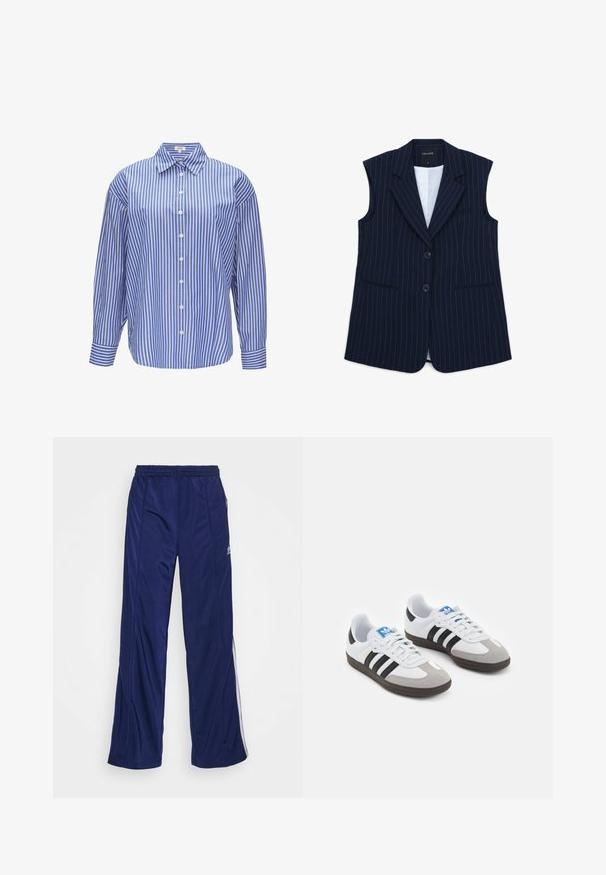 Navy blue sleeveless blazer with white pinstripes, notch lapels, two front pockets, and two-button closure. Lined interior.; Blue and white striped button-up shirt, featuring a classic collar, long sleeves, and a relaxed fit with a curved hemline.; Navy athletic pants with an elastic waistband, straight legs, and side zippers. Features white piping along the sides. Smooth fabric texture.; Sport shoes with a white leather upper, gray suede toe, and three black stripes. Features a blue logo on the tongue and a textured rubber sole.