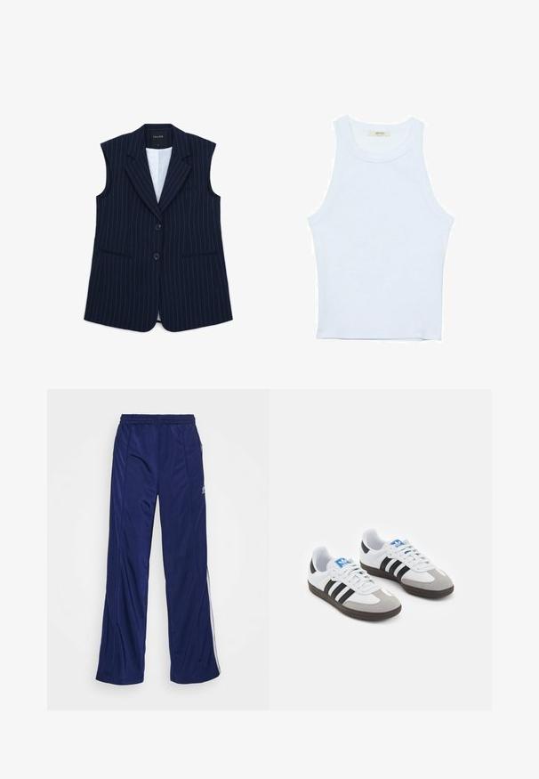 Blazer senza maniche blu navy con righe bianche, rever a notch, due tasche frontali e chiusura a due bottoni. Interno foderato.; Canotta bianca, texture a coste, scollatura rotonda, design senza maniche, forma aderente, branding sottile sull'etichetta all'interno dell'area del colletto.; Pantaloni sportivi navy con vita elasticizzata, gambe diritte e cerniere laterali. Presentano piping bianco lungo i lati. Tessuto dalla consistenza liscia.; Scarpe sportive con tomaia in pelle bianca, punta in suede grigia e tre strisce nere. Presentano un logo blu sulla linguetta e una suola in gomma testurizzata.