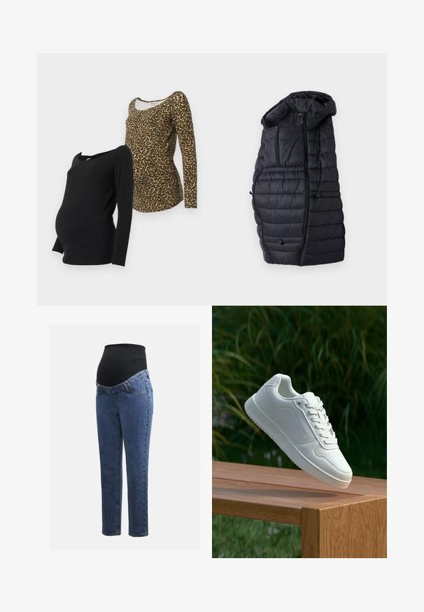 Mustang mustriga ja kapuutsiga puffy jakk, millel on tikanditooted, kaks lukuga eesmist taskut ja reguleeritavad nöörid allääres.; Kaks pikka varrukat rasedate pluusi: üks on täiesti must, teine pruun leopardi mustriga, mõlemad avatud kaelusega ja pehmest kangast.; Rasedusjeansid sinise denimi jalgadega ja musta veniva kõhuplaadiga, mis on mõeldud toetama ja katma kasvavat kõhtu.; Valged sneakerd, millel on sile sünteetiline ülemine osa, väikeste aukudega varvaskast, lamedad paelad ja tekstuuriga tald, eksponeeritud puidust pinnal.