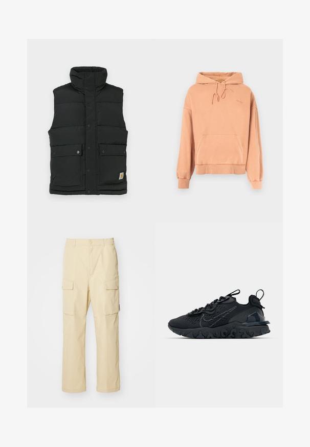 Svart pufferväst med hög krage, tryckknappslåsning, två framfickor och logotyppatch på den nedersta sidan. Slät, quiltad yta.; Persikofärgad hoodie med ficka fram, dragskohet och ribbade ärmar. Mjuk textur, avslappnad design, med subtil logotypdetalj.; Beige cargobyxor gjorda av tyg med elastisk midja och knäppning. Har två sidofickor och en enkel design.; Svart idrottssko med ett andningsbart meshöverdrag, texturerade accenter och en vågig gummisula. Utrustad med reflekterande logotyp och snörsystem.