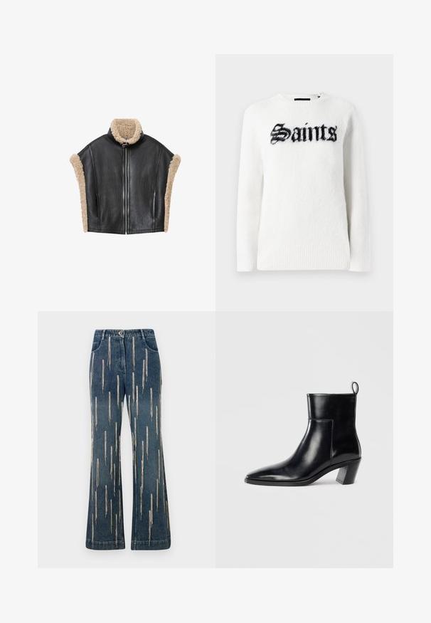 Juodas odinis liemenė su smėlio spalvos avikailio apykakle ir apvadais, su priekinėmis užtrauktuku ir atviromis šoninėmis detalėmis suteikia struktūruotą dizainą.; Balta megztinis iš pūkuoto audinio, kuris turi juodą "Saints" grafiką priekyje. Apvalus iškirpimas, ilgos rankovės ir išripiamos detalės apačioje.; Tamsiai mėlynos džinsinės platėjančios kelnės su vertikaliomis sidabrinėmis detalių. Įrengti diržo kilpos, priekiniai kišenės ir mygtukų užsegimas.; Juodas odinis kulkšninis botas su smailiu pirštu, geometriniu krūviniu kulnu ir traukimo juostele gale. Lygi tekstūra ir elegantiškas dizainas.