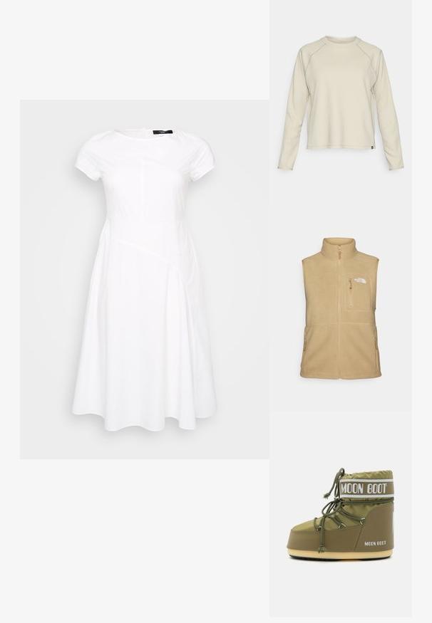 Bežasti flis prsluk s visokim ovratnikom, prednjim zipom i jednom prsnom džepom. Ima duple bočne džepove i glatku teksturu.; Bjela haljina kratkih rukava s detaljima na šavovima, A-linija, okrugli izrez i glatka, teksturirana tkanina. Čist i moderan dizajn.; Svijetlo bež majica dugih rukava s teksturiranim, rebrastim dizajnom. Ima raglan rukave i zaobljeni izrez. Suptilan brend logo na rubu.; Moon Boot ICON LOW UNISEX - Zimske čizme - khaki