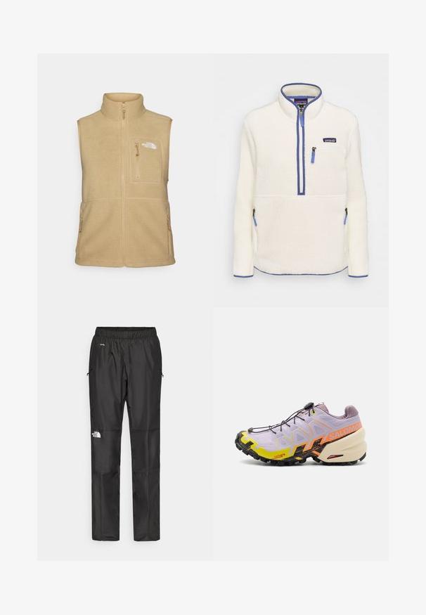 Gilet en polaire beige avec col montant, fermeture éclair à l'avant et une poche sur la poitrine. Il possède des poches latérales doubles et une texture lisse.; Pull en polaire blanc, avec un zip frontal demi-long, des accents de zip bleus, une poche poitrine et des poches latérales. Texture lisse, col haut.; Pantalons noirs imperméables en tissu léger, dotés d'une taille élastique, de poches latérales et d'un logo sur la jambe gauche.; Salomon SPEEDCROSS 6 - Chaussures de running - orchid petal/black/sulphur spring