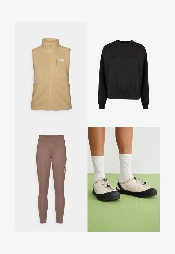 Beige Fleece-Weste mit hohem Kragen, Reißverschluss vorne und einer Brusttasche. Verfügt über doppelte Seitentaschen und eine glatte Textur.; Schwarzer Pullover mit Rundhalsausschnitt, lockerer Passform und gerippten Säumen. Verfügt über ein dezentes, eingeprägtes Logo auf der Vorderseite. Weiches Material mit matter Oberfläche.; Braune Sportlegging mit einem hohen Bund, ausgestattet mit Seitentaschen und einem weißen Logo. Glatter, dehnbarer Stoff für Komfort und Bewegungsfreiheit.; Beige Schuhe mit schwarzen Akzenten, Netzseitenteilen und einem sicheren Schnürzug. Dicke Gummisohlen mit strukturiertem Profil. Tragen mit weißen Socken.