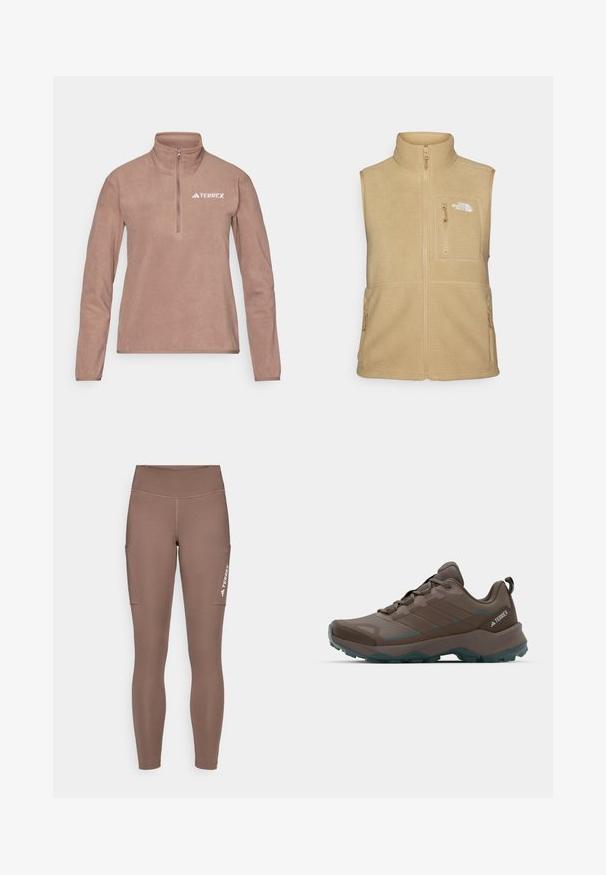 Beige Fleece-Weste mit hohem Kragen, Reißverschluss vorne und einer Brusttasche. Verfügt über doppelte Seitentaschen und eine glatte Textur.; Brauner Fleece-Pullover mit halb-geschlossenem Reißverschluss am Kragen, langen Ärmeln und kleinem weißen "TERREX"-Logo auf der linken Brust. Weiche Textur, minimalistisches Design.; Braune Sportlegging mit einem hohen Bund, ausgestattet mit Seitentaschen und einem weißen Logo. Glatter, dehnbarer Stoff für Komfort und Bewegungsfreiheit.; Graue und türkisfarbene Wanderschuhe mit Netzpaneelen, strukturiertem Obermaterial und robustem Gummisohle. Mit gepolsterter Zunge und Schnürdesign.
