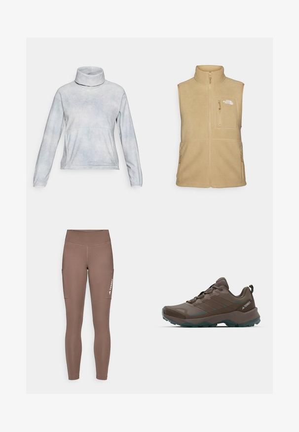 Beige Fleece-Weste mit hohem Kragen, Reißverschluss vorne und einer Brusttasche. Verfügt über doppelte Seitentaschen und eine glatte Textur.; Hellesblaues Langarmfleece-Pullover mit hohem Rollkragen und kleinem Logo auf der oberen Brust, entworfen für kaltes Wetter.; Braune Sportlegging mit einem hohen Bund, ausgestattet mit Seitentaschen und einem weißen Logo. Glatter, dehnbarer Stoff für Komfort und Bewegungsfreiheit.; Graue und türkisfarbene Wanderschuhe mit Netzpaneelen, strukturiertem Obermaterial und robustem Gummisohle. Mit gepolsterter Zunge und Schnürdesign.
