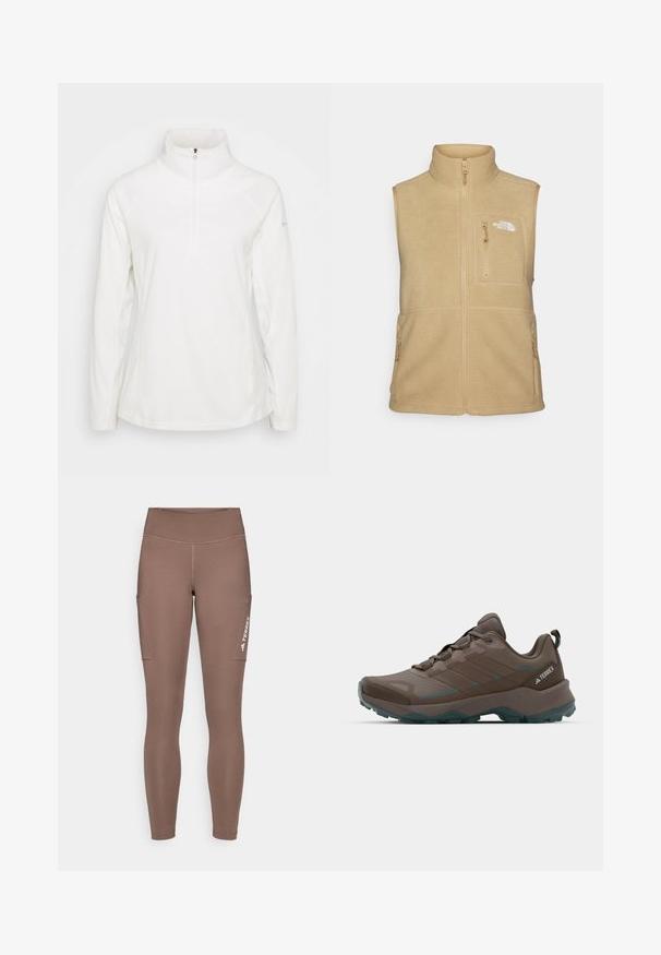 Bežan flis brezrokavnik z visokim ovratnikom, zadrgo spredaj in enim žepom na prsih. Ima dvojna stranska žepa in gladko teksturo.; Bela flisaja pulover s visokim ovratnikom in pol zadrgo, ki ima raglan rukave in gladko teksturo. Preprosta in funkcionalna zasnova.; Rjave športne legice z visokim pasom, ki imajo stranske žepe in belo logo. Gladek, elastičen material za udobje in gibljivost.; Sive in temno zeleni pohodni čevlji z mrežastimi paneli, teksturiranim zgornjim delom in trpežnim gumijastim podplatom. Imajo podloženi jezik in vezalni sistem.