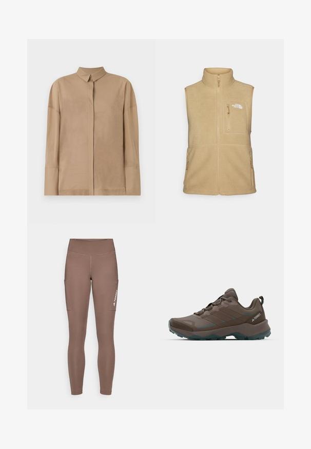 Beige fleece vest with high collar, zippered front, and one chest pocket. Features double side pockets and smooth texture.; Beige long-sleeve shirt in lightweight fabric features a classic collar, hidden button placket, and subtle stitching details on sleeves.; Brown athletic leggings with a high waistband, featuring side pockets and a white logo. Smooth, stretchy fabric for comfort and mobility.; Gray and teal hiking shoes with mesh panels, textured upper, and rugged rubber outsole. Features padded tongue and lace-up design.