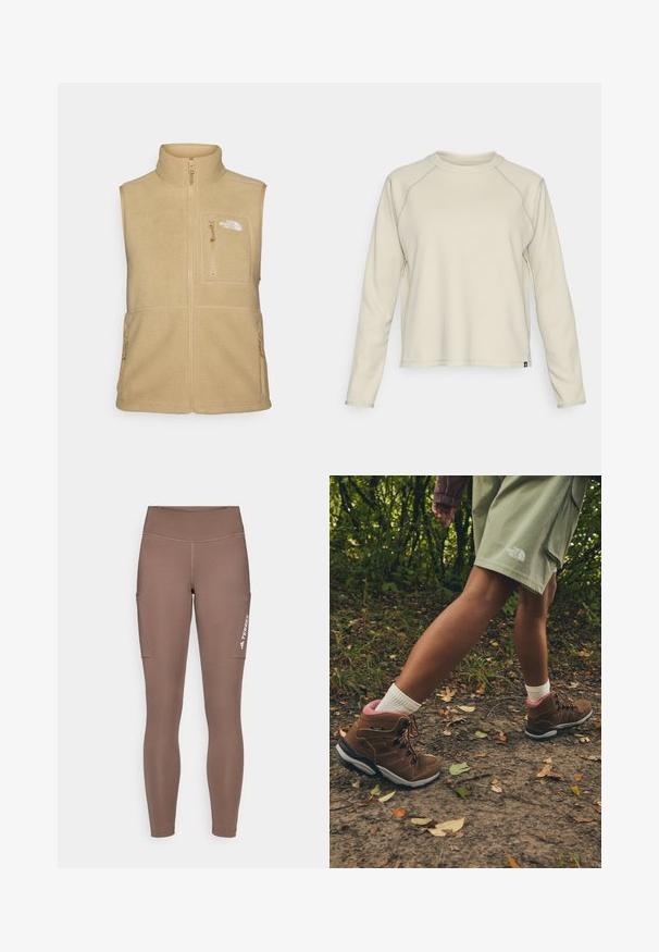 Beige fleece vest with high collar, zippered front, and one chest pocket. Features double side pockets and smooth texture.; Light beige long-sleeve top with a textured, ribbed design. Features raglan sleeves and a rounded neckline. Subtle brand logo at the hem.; Brown athletic leggings with a high waistband, featuring side pockets and a white logo. Smooth, stretchy fabric for comfort and mobility.; Jack Wolfskin REFUGIO PRIME TEXAPORE MID W - Hiking shoes - fawn