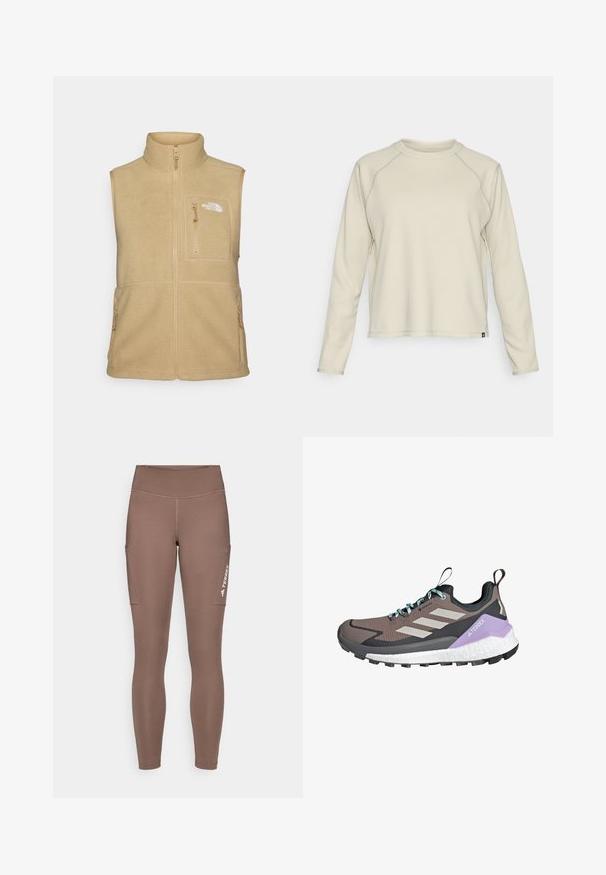 Beige fleeceväst med hög krage, dragkedja fram och en bröstficka. Har dubbla sidofickor och en mjuk textur.; Ljust beige långärmad topp med en texturerad, ribbad design. Har raglanärmar och en rundad halsringning. Diskret logotyp vid nederkanten.; Bruna sportleggings med hög midja, med sidofickor och en vit logotyp. Slät, elastisk tyg för komfort och rörlighet.; GORE-TEX vandringsskor med en grå och svart ovandel, vita och lavendelfärgade detaljer, texturerad yta och ett slitstarkt sula för bra grepp.