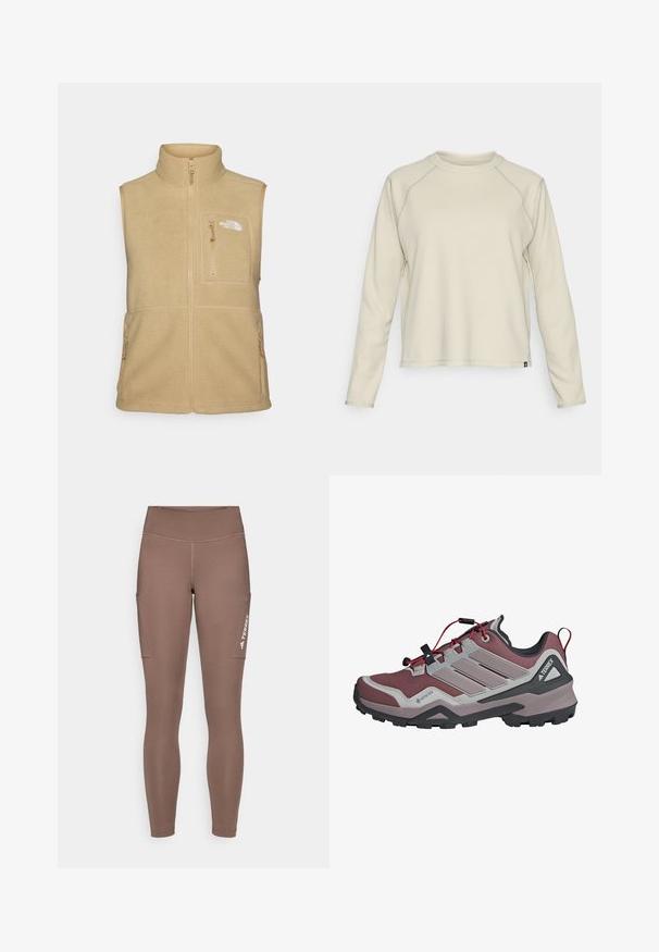 Šviesiai rusvas fliso liemenė su aukštu apykakle, užtrauktuku priekyje ir viena krūtinės kišenė. Yra dvi šoninės kišenės ir lygus paviršius.; Šviesiai smėlio spalvos ilgomis rankovėmis marškiniai su tekstūruotu, banguotu raštu. Yra raglan tipo rankovės ir ovalus iškirpimas. Subtilus prekės ženklo logotipas apačioje.; Rudos sportiniai legginsai su aukštu juosmeniu, šoninėmis kišenėmis ir baltu logotipu. Lygi, elastinga medžiaga užtikrina komfortą ir judrumą.; Lengvas žygio batukas su pilku ir bordo tinkleliu, raudonais akcentais, GORE-TEX logotipu ir tvirtu juodu guminio pado, užtikrinančio gerą sukibimą.