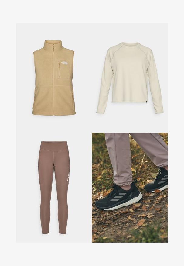 Šviesiai rusvas fliso liemenė su aukštu apykakle, užtrauktuku priekyje ir viena krūtinės kišenė. Yra dvi šoninės kišenės ir lygus paviršius.; Šviesiai smėlio spalvos ilgomis rankovėmis marškiniai su tekstūruotu, banguotu raštu. Yra raglan tipo rankovės ir ovalus iškirpimas. Subtilus prekės ženklo logotipas apačioje.; Rudos sportiniai legginsai su aukštu juosmeniu, šoninėmis kišenėmis ir baltu logotipu. Lygi, elastinga medžiaga užtikrina komfortą ir judrumą.; Juodi sportiniai batai su šviesiai pilkomis juostelėmis, turintys tekstūruotą viršutinę dalį, su balta paminkštinta padu, dėvimi su šviesiai rožinėmis kelnėmis, ant lapais padengto grindinio.