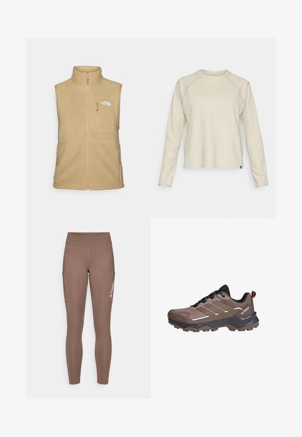 Kremkrāsas flīsa veste ar augstu apkakli, ar rāvējslēdzēju priekšā un vienu krūšu kabatu. Iespējas dubultās sānu kabatas un gluda tekstūra.; Gaiņbēši garām piedurknēm krekls ar teksturētu, ribotu dizainu. Iespējami raglan piedurknes un apaļa kakla izgriezums. Diskreta zīmola logo apakšmalā.; Brūnas sporta legingi ar augstu jostasvietu, ar sānu kabatām un baltu logotipu. Gluda, elastīga auduma maksimālai ērtībai un kustību brīvībai.; Brūni un melni Adidas Terrex pārgājienu apavi ar Gore-Tex, izturīgu zoli, melniem šņoru un sieta augšējo daļu āra lietošanai.