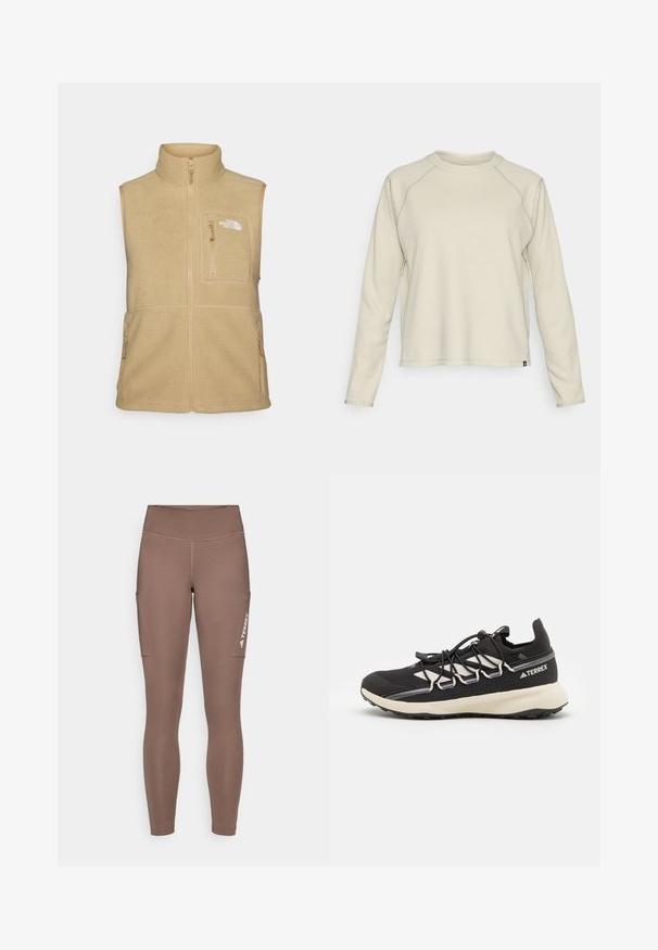 Beige Fleece-Weste mit hohem Kragen, Reißverschluss vorne und einer Brusttasche. Verfügt über doppelte Seitentaschen und eine glatte Textur.; Helle beige Langarmbluse mit strukturiertem, geripptem Design. Mit Raglanärmeln und rundem Ausschnitt. Dezentes Markenlogo am Saum.; Braune Sportlegging mit einem hohen Bund, ausgestattet mit Seitentaschen und einem weißen Logo. Glatter, dehnbarer Stoff für Komfort und Bewegungsfreiheit.; Schwarzer Sportschuh mit texturiertem Obermaterial, kontrastierenden weißen Akzenten, einer geformten Sohle und elastischen Schnürsenkeln. Besitzt ein aufgedrucktes Logo an der Ferse.