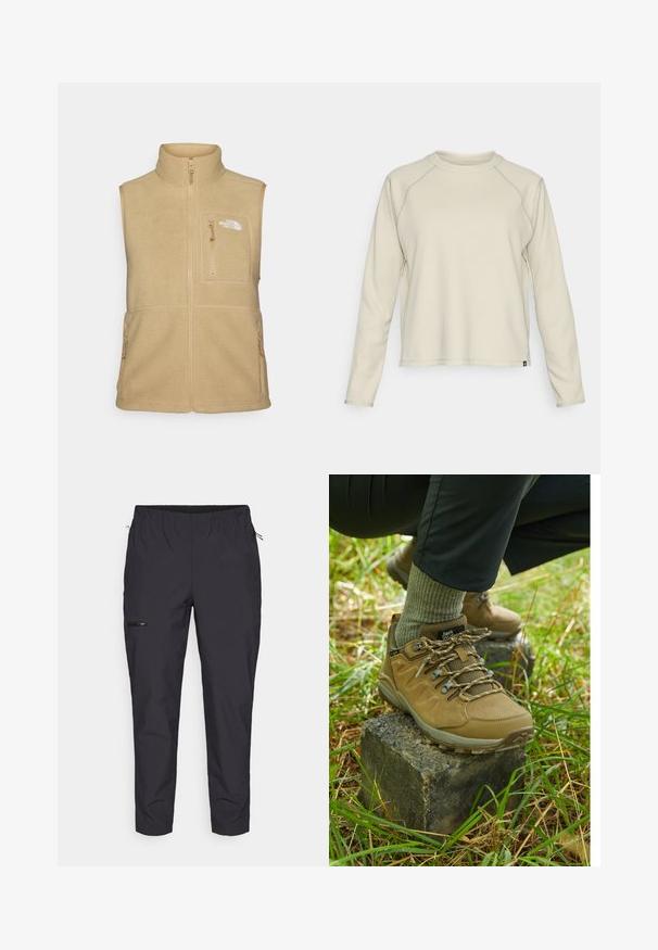 Beige fleecevest med høj krave, lynlås foran og en brystlomme. Har dobbelte sidelommer og blød tekstur.; Lys beige langærmet top med et tekstureret, ribbet design. Har raglanærmer og en rund halsudskæring. Diskret brandlogo ved kanten.; Jack Wolfskin PRELIGHT TRAIL - Outdoorbukser - black; Beige vandresko med tekstureret ruskind og mesh-overdel, forstærket tå og mønstrede snørebånd, der hviler på en sten i græsbevokset terræn.