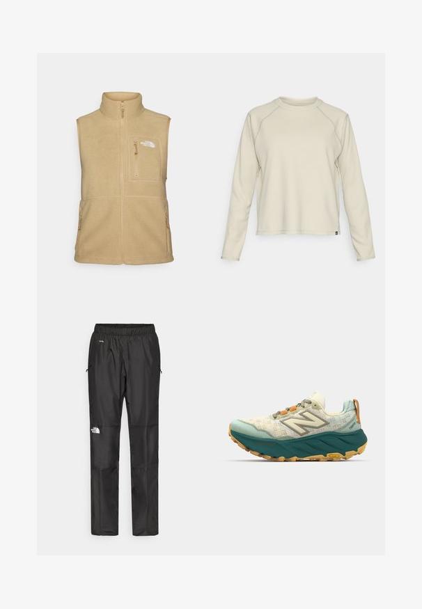 Gilet in pile beige con collo alto, chiusura con zip e una tasca sul petto. Presenta doppie tasche laterali e una consistenza liscia.; Maglia a maniche lunghe beige chiaro con design a coste testurizzate. Presenta maniche raglan e un collo rotondo. Logo del marchio discreto sull'orlo.; Pantaloni impermeabili neri realizzati in tessuto leggero, dotati di cintura elastica, tasche laterali e un logo sulla gamba sinistra.; Scarpe da corsa da uomo con tomaia leggera in rete color crema e teal, suola imbottita turchese e lacci arancioni con dettagli riflettenti.