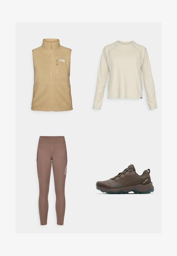 Beige fleece vest with high collar, zippered front, and one chest pocket. Features double side pockets and smooth texture.; Light beige long-sleeve top with a textured, ribbed design. Features raglan sleeves and a rounded neckline. Subtle brand logo at the hem.; Brown athletic leggings with a high waistband, featuring side pockets and a white logo. Smooth, stretchy fabric for comfort and mobility.; Gray and teal hiking shoes with mesh panels, textured upper, and rugged rubber outsole. Features padded tongue and lace-up design.