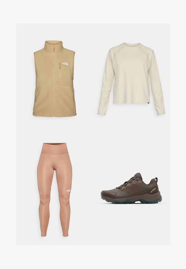 Beige fleece-vest med høy krage, glidelås foran og en brystlomme. Har doble sidelommer og glatt tekstur.; Vaalea beige pitkähihaisen paita, jossa on teksturoitu, ribattu muotoilu. Sisältää raglan-hihat ja pyöreän kaula-aukko. Huomaamaton brändilogo helman kohdalla.; Korkeavyötäröiset, vartalonmyötäiset leggingsit vaaleanruskeassa värissä. Valmistettu sileästä, joustavasta materiaalista, jossa on valkoinen logo vasemmassa reidessä.; Harmaat ja turkoosit vaelluskengät, joissa on verkkomaiset paneelit, teksturoitu päällinen ja rugged-kumiaulakosa. Varustettu pehmustetulla kielillä ja nauhakiinnityksellä.