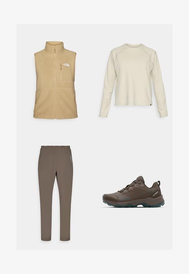 Beige fleece vest with high collar, zippered front, and one chest pocket. Features double side pockets and smooth texture.; Light beige long-sleeve top with a textured, ribbed design. Features raglan sleeves and a rounded neckline. Subtle brand logo at the hem.; Brown athletic pants with an elastic waistband, two side pockets, and a slim fit design. Made from soft, lightweight fabric.; Gray and teal hiking shoes with mesh panels, textured upper, and rugged rubber outsole. Features padded tongue and lace-up design.
