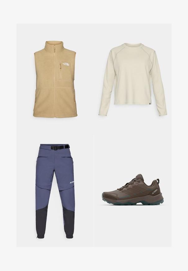 Bežan flis brezrokavnik z visokim ovratnikom, zadrgo spredaj in enim žepom na prsih. Ima dvojna stranska žepa in gladko teksturo.; Svetlo bež majica z dolgimi rokavi z teksturirano, rebrasto zasnovo. Ima raglan rokave in okroglo ovratnico. Diskreten logotip blagovne znamke na robu.; Modri zunanji hlače z črnim spodnjim delom, izdelane iz teksturirane tkanine. Imajo pasni trak in dvojne žepe z zadrgo na straneh.; Sive in temno zeleni pohodni čevlji z mrežastimi paneli, teksturiranim zgornjim delom in trpežnim gumijastim podplatom. Imajo podloženi jezik in vezalni sistem.
