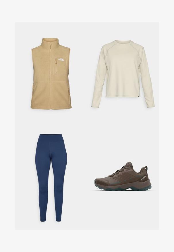 Gilet in pile beige con collo alto, chiusura con zip e una tasca sul petto. Presenta doppie tasche laterali e una consistenza liscia.; Maglia a maniche lunghe beige chiaro con design a coste testurizzate. Presenta maniche raglan e un collo rotondo. Logo del marchio discreto sull'orlo.; Leggings blu navy realizzati in tessuto elasticizzato, con vita alta e tasca laterale. Texture liscia con cuciture piatte.; Scarpe da trekking grigie e teal con pannelli in rete, tomaia texturizzata e suola in gomma robusta. Presentano una linguetta imbottita e un design con lacci.