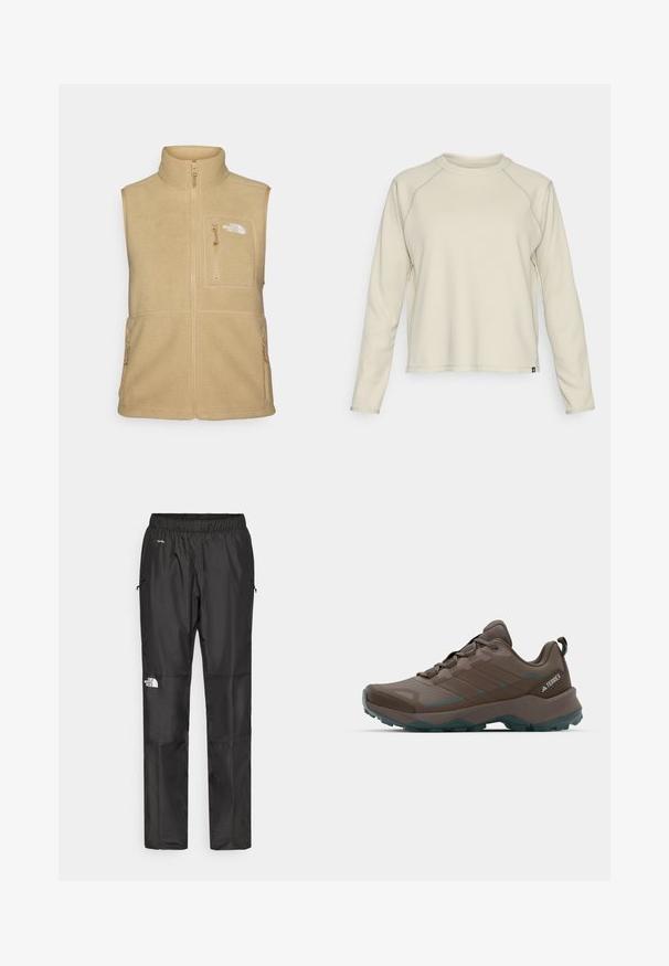 Beige fleeceväst med hög krage, dragkedja fram och en bröstficka. Har dubbla sidofickor och en mjuk textur.; Ljust beige långärmad topp med en texturerad, ribbad design. Har raglanärmar och en rundad halsringning. Diskret logotyp vid nederkanten.; Svarta vattentäta byxor i lättviktsmaterial, med elastisk midja, sidofickor och en logotyp på vänster ben.; Gråa och teal vandrare med nätpaneler, texturerad ovandel och robust gummisula. Har vadderad tunga och snörningsdesign.