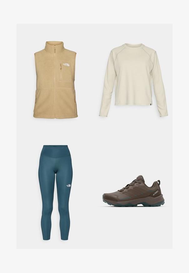 Bež fliiskvest kõrge kraega, tõmbluku ees ja ühe rinna taskuga. Omab kaht külgtaskut ja sujuvat tekstuuri.; Helehbeige pikkade varrukatega särk, millel on tekstuuriga ribakujundus. Omab raglan-varrukaid ja ümarat kaelust. Diskreetne brändi logo hemil.; Teal kõrge vöökohaga retuusid, mis on valmistatud venivast kangast. Esitletud on väike valge logo vasakul küljel ja õmbluste ääres õmbluse detailid.; Hallgrüüne ja teal värvi matkajalatsid, millel on võrkpaneelid, tekstureeritud pealis ja robustne kummipõhi. Omab pehmendatud keele ja paeladega kinnitust.