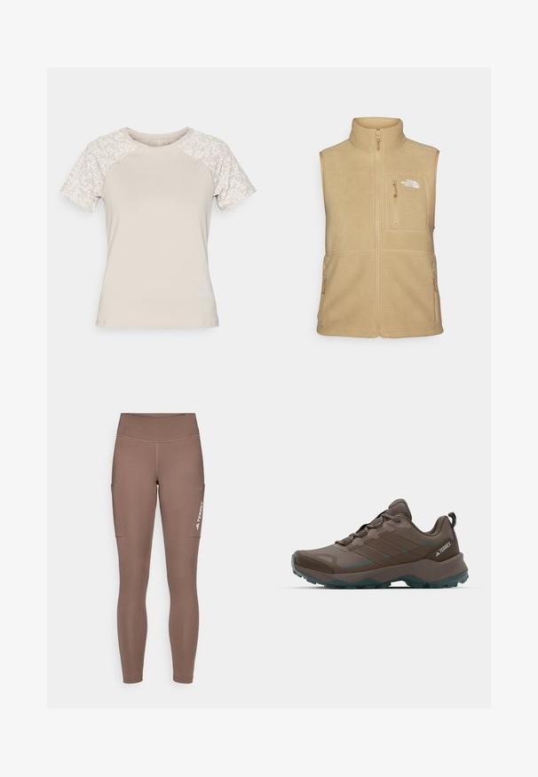 Beige fleece vest with high collar, zippered front, and one chest pocket. Features double side pockets and smooth texture.; Beige t-shirt with short sleeves; textured body and floral-patterned sleeves. Round neck; soft fabric. Suitable for casual wear.; Brown athletic leggings with a high waistband, featuring side pockets and a white logo. Smooth, stretchy fabric for comfort and mobility.; Gray and teal hiking shoes with mesh panels, textured upper, and rugged rubber outsole. Features padded tongue and lace-up design.