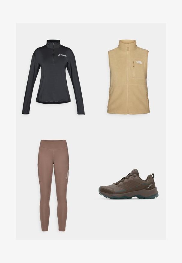 Kremkrāsas flīsa veste ar augstu apkakli, ar rāvējslēdzēju priekšā un vienu krūšu kabatu. Iespējas dubultās sānu kabatas un gluda tekstūra.; Melns garām piedurknēm aprīkots tops ar ceturtdaļas rāvējslēdzēju un augstu apkakli, izgatavots no gludas, vieglas auduma. Uz tā redzama balta "TERREX" logo.; Brūnas sporta legingi ar augstu jostasvietu, ar sānu kabatām un baltu logotipu. Gluda, elastīga auduma maksimālai ērtībai un kustību brīvībai.; Pelēki un zilgani pārgājienu apavi ar sietveida paneļiem, teksturētu virsu un izturīgu gumijas zoli. Iespējas ietver mīksto mēli un auklu aizdari.