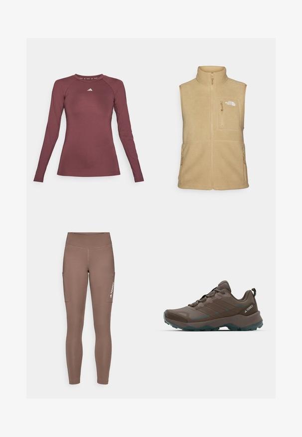 Bež fliiskvest kõrge kraega, tõmbluku ees ja ühe rinna taskuga. Omab kaht külgtaskut ja sujuvat tekstuuri.; Burgundia pikkade varrukatega aktiivne särk, valmistatud siledast ja elastseks kangast. Omab ümmargust kaelust ja väikest valget logo rinnal.; Pruunid spord Leggingsid kõrge vöökohaga, külgtaskud ja valge logo. Sile ja veniv kangas mugavuse ja liikumisvabaduse tagamiseks.; Hallgrüüne ja teal värvi matkajalatsid, millel on võrkpaneelid, tekstureeritud pealis ja robustne kummipõhi. Omab pehmendatud keele ja paeladega kinnitust.