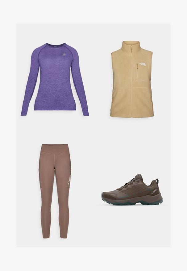 Μπεζ γιλέκο από φλις με ψηλό γιακά, φερμουάρ μπροστά και μία τσέπη στο στήθος. Διαθέτει διπλές πλαϊνές τσέπες και λεία υφή.; Μωβ αθλητικό μπλουζάκι με μακριά μανίκια που διαθέτει υφασμάτινο σχέδιο, στρογγυλή λαιμόκοψη και ραγισμένα μανίκια. Μικρό λογότυπο στο πάνω αριστερό μέρος του στήθους.; Καφέ αθλητικά κολάν με ψηλή μέση, που διαθέτουν πλαϊνές τσέπες και λευκό λογότυπο. Λείος, ελαστικός ύφασμα για άνεση και κινητικότητα.; Γκρι και τιρκουάζ ορειβατικά παπούτσια με πλέγμα, υφή στην επάνω επιφάνεια και ανθεκτική καουτσούκ σόλα. Διαθέτουν μαλακό ταμπακιέρα και σχέδιο με κορδόνια.