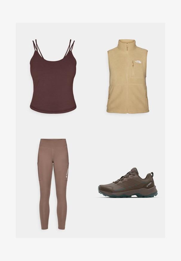 Beige színű fleece mellény magas gallérral, cipzáros elülső résszel és egy mellzsebbel rendelkezik. Kétoldali zsebekkel és sima textúrával készült.; Barna ujjatlan felső vékony, állítható pántokkal, sima anyagból készült. Lekerekített nyakkivágás és enyhén ívelt derék. ; Barna sport leggings magas derékkal, oldalsó zsebekkel és fehér logóval. Sima, rugalmas anyag a kényelem és a mozgás szabadsága érdekében.; Szürke és téglakék túra cipők, hálós panelekkel, texturált felsőrésszel és strapabíró gumitalppal. Jellemzője a párnázott nyelv és a fűzős kialakítás.