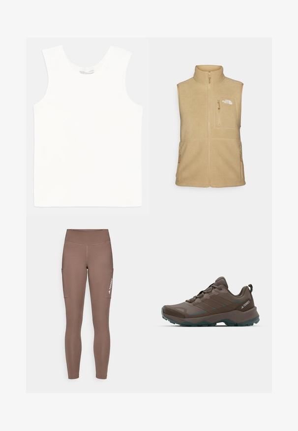 Beige fleece vest with high collar, zippered front, and one chest pocket. Features double side pockets and smooth texture.; White sleeveless tank top made of ribbed fabric, featuring a crew neck and straight hem. Simple design with no additional embellishments.; Brown athletic leggings with a high waistband, featuring side pockets and a white logo. Smooth, stretchy fabric for comfort and mobility.; Gray and teal hiking shoes with mesh panels, textured upper, and rugged rubber outsole. Features padded tongue and lace-up design.