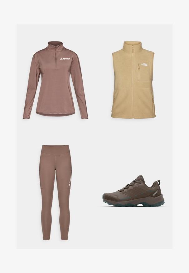 Beige fleece vest with high collar, zippered front, and one chest pocket. Features double side pockets and smooth texture.; Brown long-sleeve pullover with a half-zip collar, made of lightweight fabric. Features "TERREX" logo on the upper left chest.; Brown athletic leggings with a high waistband, featuring side pockets and a white logo. Smooth, stretchy fabric for comfort and mobility.; Gray and teal hiking shoes with mesh panels, textured upper, and rugged rubber outsole. Features padded tongue and lace-up design.