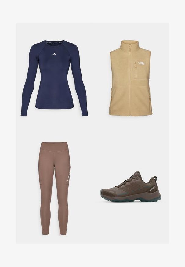 Beige fleece vest met hoge kraag, ritssluiting aan de voorkant en één borstzak. Voorzien van dubbele zijzakken en een gladde textuur.; adidas Performance Longsleeve - legend ink; Bruine sportleggings met een hoge tailleband, voorzien van zijzakken en een wit logo. Gladde, rekbare stof voor comfort en bewegingsvrijheid.; Grijze en teal wandelschoenen met gaaspanelen, gestructureerde bovenkant en robuuste rubberen outsole. Voorzien van een gevoerde tong en vetersluiting.