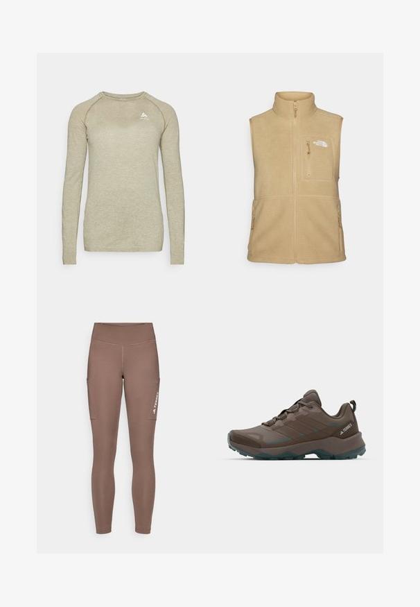 Šviesiai rusvas fliso liemenė su aukštu apykakle, užtrauktuku priekyje ir viena krūtinės kišenė. Yra dvi šoninės kišenės ir lygus paviršius.; Ilgų rankovių marškinėliai šviesiai béžinės spalvos, su koralų tekstūra, apvalia iškirpte ir subtiliu logotipu ant krūtinės. Pagaminti iš kvėpuojančios medžiagos.; Rudos sportiniai legginsai su aukštu juosmeniu, šoninėmis kišenėmis ir baltu logotipu. Lygi, elastinga medžiaga užtikrina komfortą ir judrumą.; Pilki ir melsvi žygio batai su tinklinėmis panelėmis, tekstūruotu viršumi ir tvirtu guminio pado pagrindu. Yra paminkštinta liežuvėlio dalis ir raištelių uždarymo dizainas.