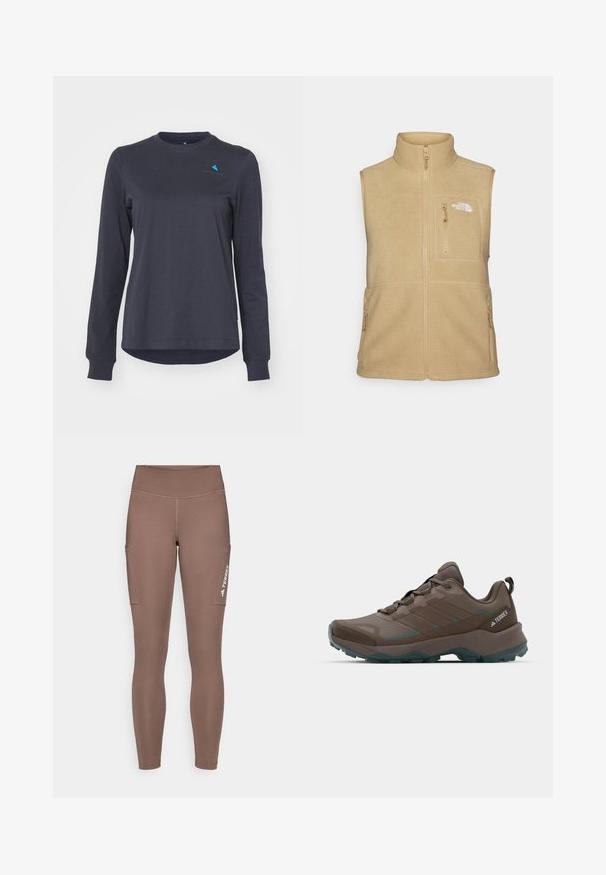 Beige Fleece-Weste mit hohem Kragen, Reißverschluss vorne und einer Brusttasche. Verfügt über doppelte Seitentaschen und eine glatte Textur.; Langarm-Dunkelgrau-Hemd aus weichem Stoff, mit Rundhalsausschnitt, gerippten Bündchen und einem kleinen blauen Logoakzent auf der Brust.; Braune Sportlegging mit einem hohen Bund, ausgestattet mit Seitentaschen und einem weißen Logo. Glatter, dehnbarer Stoff für Komfort und Bewegungsfreiheit.; Graue und türkisfarbene Wanderschuhe mit Netzpaneelen, strukturiertem Obermaterial und robustem Gummisohle. Mit gepolsterter Zunge und Schnürdesign.