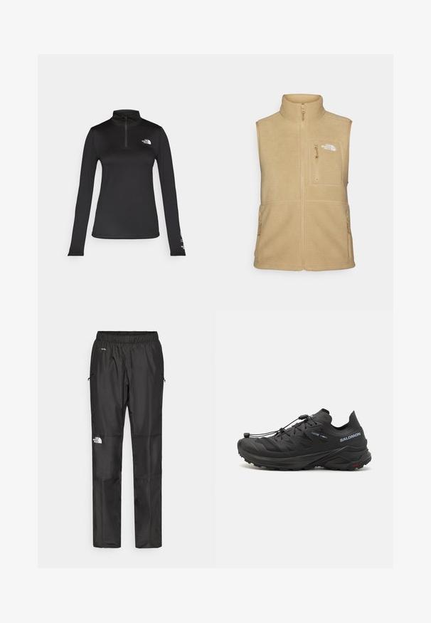 Beige fleeceväst med hög krage, dragkedja fram och en bröstficka. Har dubbla sidofickor och en mjuk textur.; The North Face FLEX 1/4 ZIP GRAPHIC - Långärmad tröja - black; Svarta vattentäta byxor i lättviktsmaterial, med elastisk midja, sidofickor och en logotyp på vänster ben.; Svarta traillöparskor med en texturerad ovandel, meshpaneler och ett säkert fästsystem. Har en robust sula för bra grepp.