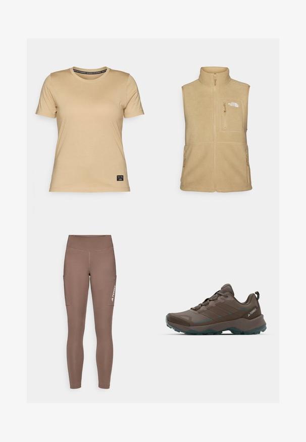 Vesta din fleece bej cu guler înalt, fermoar frontal și un buzunar pe piept. Are buzunare laterale duble și o textură netedă.; Salewa EAGLE LOGO PATCH - Tricou basic - quicksand; Leggings atletice maro cu talie înaltă, dotate cu buzunare laterale și un logo alb. Material neted și elastic pentru confort și mobilitate.; Pantofi de drumeție gri și teal, cu panouri din plasă, parte superioară texturată și talpă din cauciuc rezistentă. Caracteristici: limbă căptușită și design cu șireturi.
