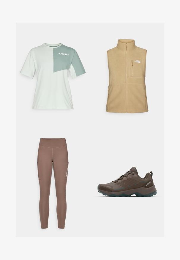 Chaleco de forro polar beige con cuello alto, cierre frontal y un bolsillo en el pecho. Presenta dos bolsillos laterales y una textura suave.; Camiseta de manga corta verde claro, con un parche verde oscuro que presenta el logo blanco "TERREX", confeccionada en una tela suave y transpirable.; Mallas deportivas marrones con una cintura alta, que cuentan con bolsillos laterales y un logo blanco. Tejido suave y elástico para mayor comodidad y movilidad.; Zapatos de senderismo grises y verde azulado con paneles de malla, parte superior texturizada y suela de goma resistente. Cuenta con lengüeta acolchada y diseño de cordones.