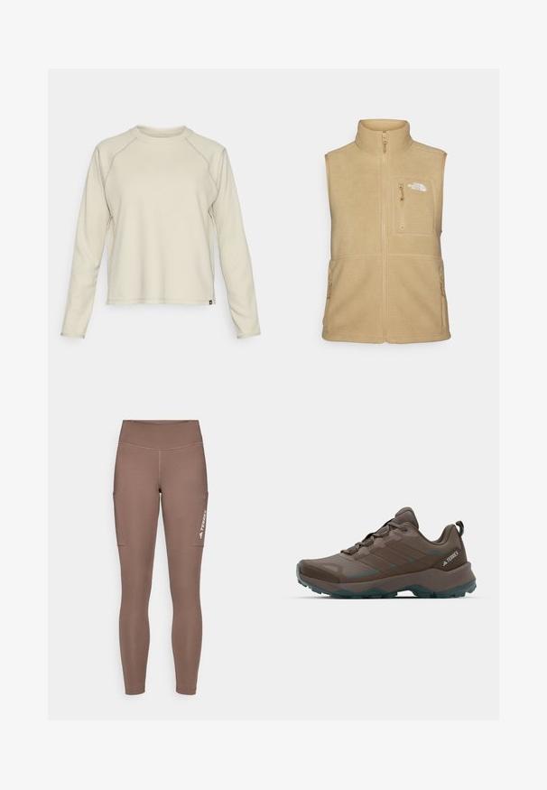 Béžová fleecová vesta s vysokým golierom, zipsom vpredu a jednou náprsní kapsou. Má dvojité bočné vrecká a hladkú textúru.; Svetlo béžový top s dlhými rukávmi a textúrovaným, rebrovaným dizajnom. Má raglánové rukávy a zaoblený výstrih. Diskrétny logotyp značky na leme.; Hnedé športové legíny s vysokým pásom, ktoré majú bočné vrecká a biele logo. Hladká, elastická tkanina pre pohodlie a pohyblivosť.; Sivé a tyrkysové turistické topánky s mriežkovanými panelmi, textúrovaným zvrškom a odolnou gumovou podrážkou. Obsahujú polstrovaný jazyk a šnurovací dizajn.
