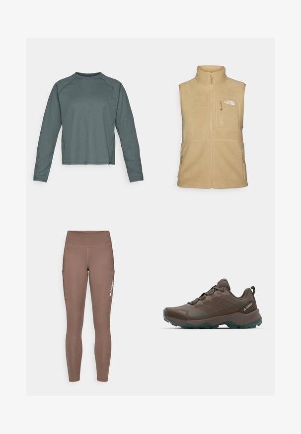 Beige fleece vest with high collar, zippered front, and one chest pocket. Features double side pockets and smooth texture.; Long-sleeved, crew-neck top in textured dark teal fabric, featuring ribbed pattern and slightly cropped hem.; Brown athletic leggings with a high waistband, featuring side pockets and a white logo. Smooth, stretchy fabric for comfort and mobility.; Gray and teal hiking shoes with mesh panels, textured upper, and rugged rubber outsole. Features padded tongue and lace-up design.