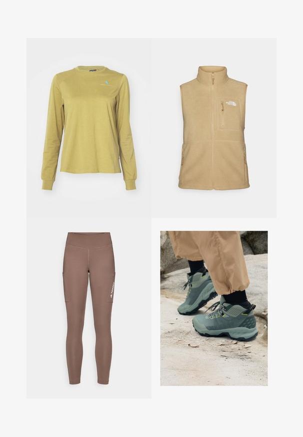 Beige fleece vest with high collar, zippered front, and one chest pocket. Features double side pockets and smooth texture.; Klättermusen ROOT LOGO TEE - Long sleeved top - meadow green; Brown athletic leggings with a high waistband, featuring side pockets and a white logo. Smooth, stretchy fabric for comfort and mobility.; Mammut outdoor shoes in muted green with textured upper, yellow accents, and rugged black sole. Durable design for outdoor activities.