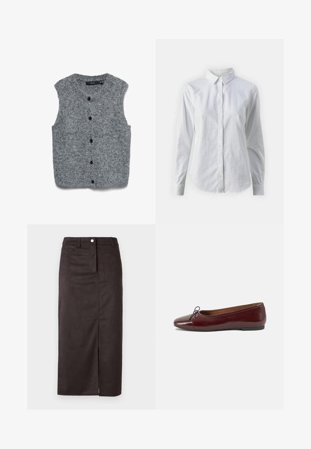 Šedá pletená vesta bez rukávů s měkkou texturou, s kulatým výstřihem a šesti černými knoflíky vpředu.; Bílá košile na knoflíky vyrobená z hladké bavlny, s klasickým límcem, dlouhými rukávy a zakřiveným spodním lemem. Knoflíky jsou malé a bílé.; Hnědá sukně ke kolenům vyrobená z hladkého materiálu. Disponuje předním rozparkem, zapínáním na knoflík a bočními kapsami pro přidanou funkčnost.; Burgundské lakové baleríny s kulatou špičkou, malou mašlí vpředu a nízkou černou gumovou podrážkou. Hladký povrch.