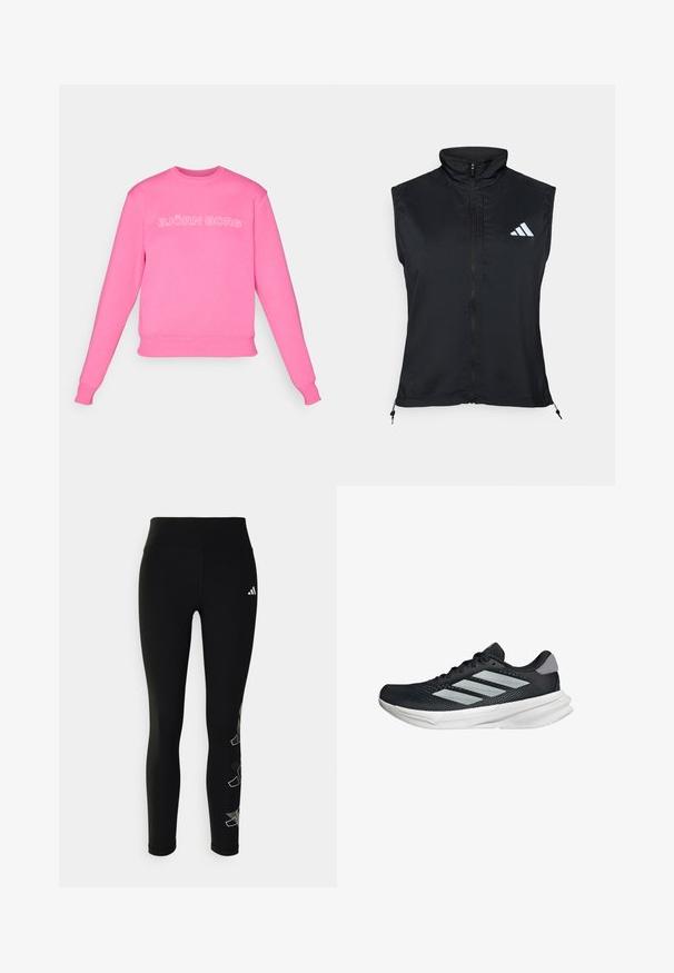 Černá bezrukávová vesta s vysokým límcem. Má přední zip, lehkou látku a bílé logo s třemi pruhy na horní levé straně.; Růžová mikina s dlouhými rukávy, lemovanými manžetami a spodním lemem, se bílým nápisem "BJÖRN BORG" přes hrudník. Měkký materiál s hladkou strukturovanou.; Černé legíny vyrobené z elastického materiálu, s vysokým pasem a reflexní logem na bocích, s geometrickým akcentem na nohách.; Černé běžecké boty s vrchní částí z prodyšné síťoviny, třemi stříbrnými pruhy, bílou mezipodešví a texturovanou podešví. Obsahují polstrovaný límec a šněrování.