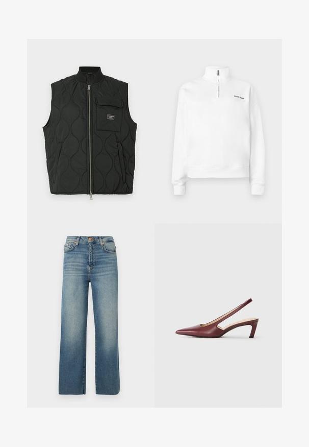 Colete preto acolchoado com colarinho alto, fecho de zip na frente e um bolso no lado esquerdo do peito. Padrão texturizado e etiqueta de marca no bolso.; Sweatshirt branco de pullover com colarinho alto e fecho de meia-ziper. Apresenta um pequeno logótipo preto no peito e punhos canelados. Textura suave.; Jeans azuis de perna larga feitos de denim, com um acabamento desbotado, design de cinco bolsos, fecho de botão e passantes para cinto, com um ajuste reto e confortável.; Sapatos de salto slingback em bordeaux com bico pormenorizado, detalhes recortados na lateral e um salto quadrado de altura média. Acabamento em pele suave.
