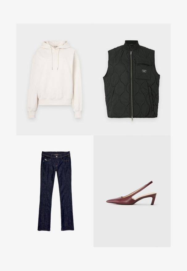 Schwarze gesteppte Weste mit hohem Kragen, vorne mit Reißverschluss und einer Tasche auf der linken Brust. Texturiertes Muster und Markenlabel auf der Tasche.; Cremfarbener Hoodie mit Kordelzug, gerippten Bündchen und einem eingeprägten Logo auf der Vorderseite. Hergestellt aus weichem Material mit lockerer Passform.; Dunkelblaue Denim-Jeans mit geradem Bein, ausgestattet mit einer vorderen Knopfverschluss, fünf Taschen und sichtbaren Nähten entlang der Nähte.; Burgunderfarbene Slingback-High Heels mit spitzer Zehenform, Ausschnitten an den Seiten und einem Blockabsatz in mittlerer Höhe. Glatte Lederoberfläche.