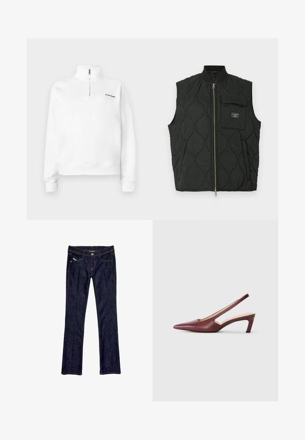 Svart quilted vest med høy krage, forkle med glidelås foran og en lomme på venstre bryst. Teksturert mønster og merkevarelabel på lommen.; Hvit genser med høy krage og halv glidelås. Har en liten svart logo på brystet og ribbestrikkede mansjetter. Glatt tekstur.; Mørkeblå denim jeans med rett ben-design, med knappelukking foran, fem lommer og synlige sømmer langs sømmene.; Burgunder slingback hæle med spids tå, udskårne detaljer på siden og en midt-højde blokhæle. Glat læderfinish.